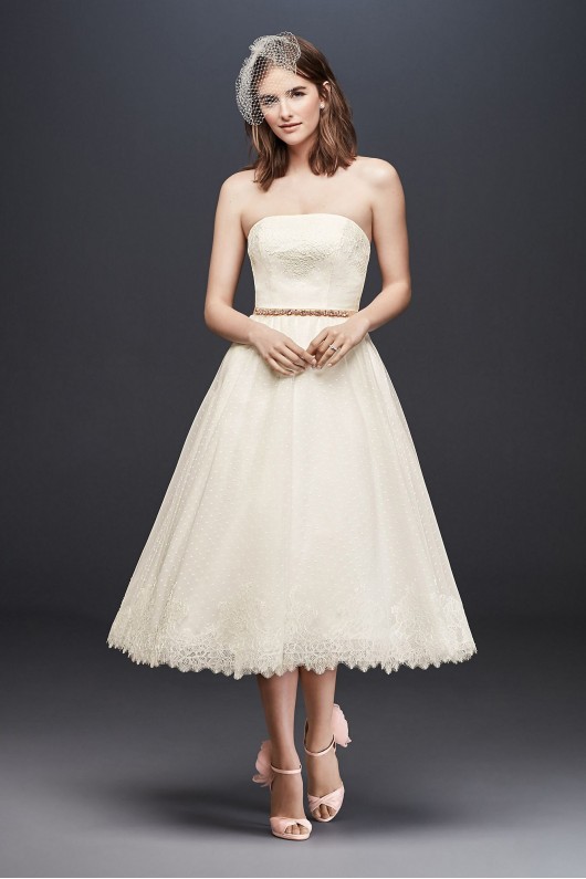 Dotted Tulle Tea-Length Wedding Dress with Lace WG3858