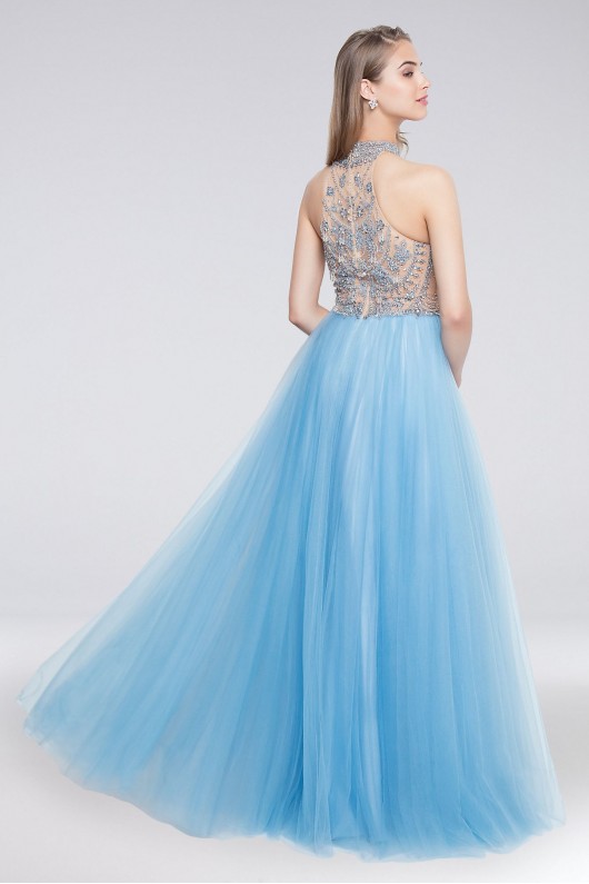 High-Neck Long Tulle Ball Gown with Beaded Bodice 1812P5868