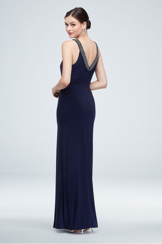 Long Sheath 262062D Style Beads Embellished High Neck Dress with Knot Detail