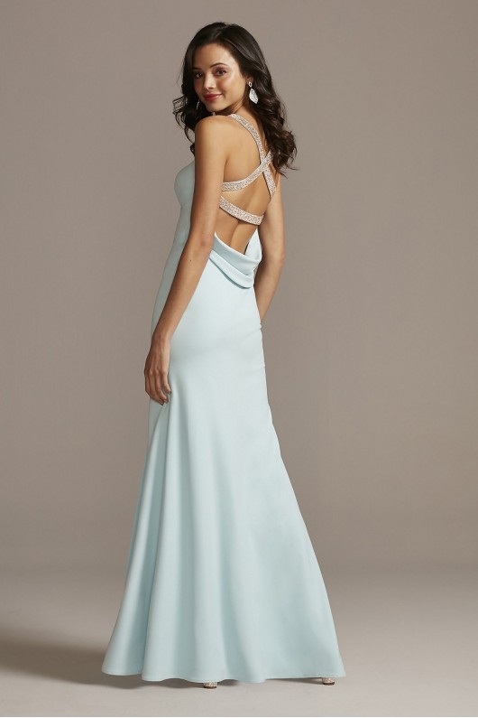 Long Sheath Crystal Crossed Straps Dress with Cowl Back Style A23386