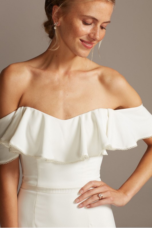 Off-the-Shoulder Pearl Trimmed WG3984 Style Crepe Wedding Dress