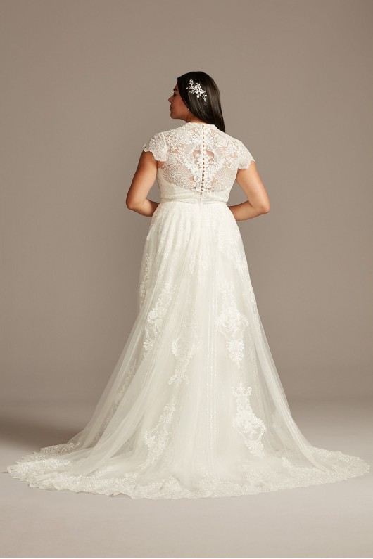 Plus Size Long Mermaid Lace Embroidered Mock Neck 8MS251205 Wedding Dress with Cap Sleeves