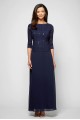 Sequin Lace 3/4 Sleeves Long Boatneck Petite Gown with V-Back 212318